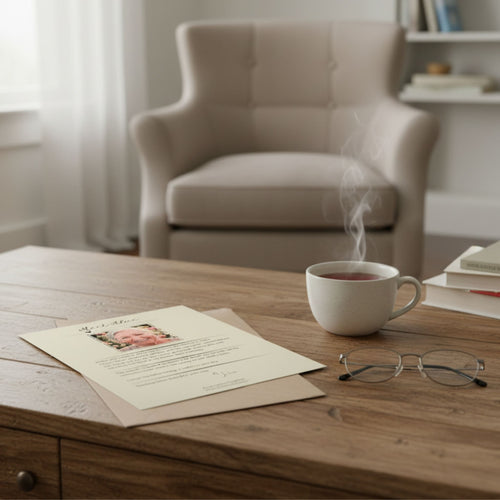 A close-up, natural-light photo of a writer's biography card, printed on cardstock, resting on a rustic, aged wooden desk alongside a brass magnifying glass and an open book