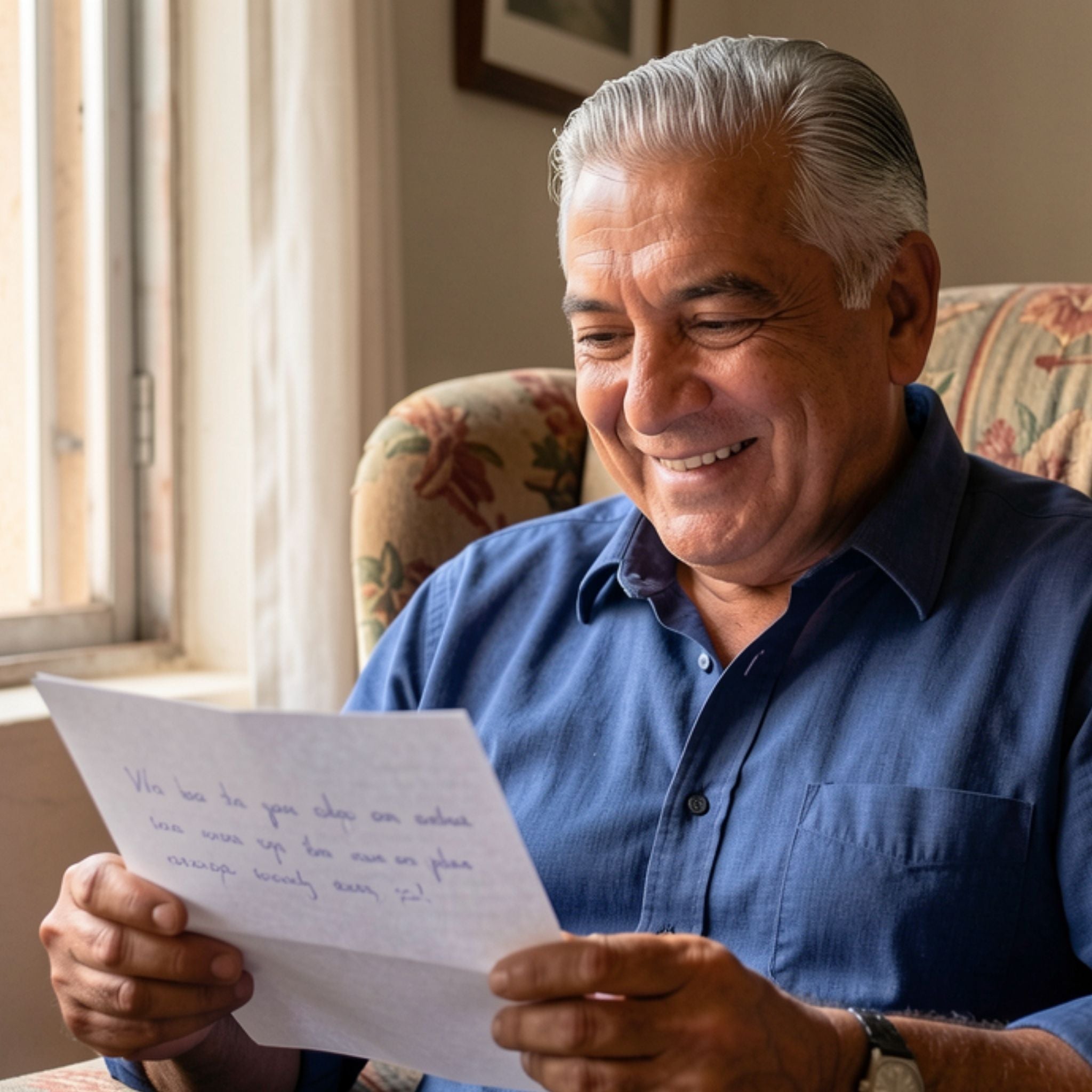 A heartwarming, candid photograph of an elderly man looking down at the handwritten letter he just received, a broad smile of delight on his face as he sits by a window.