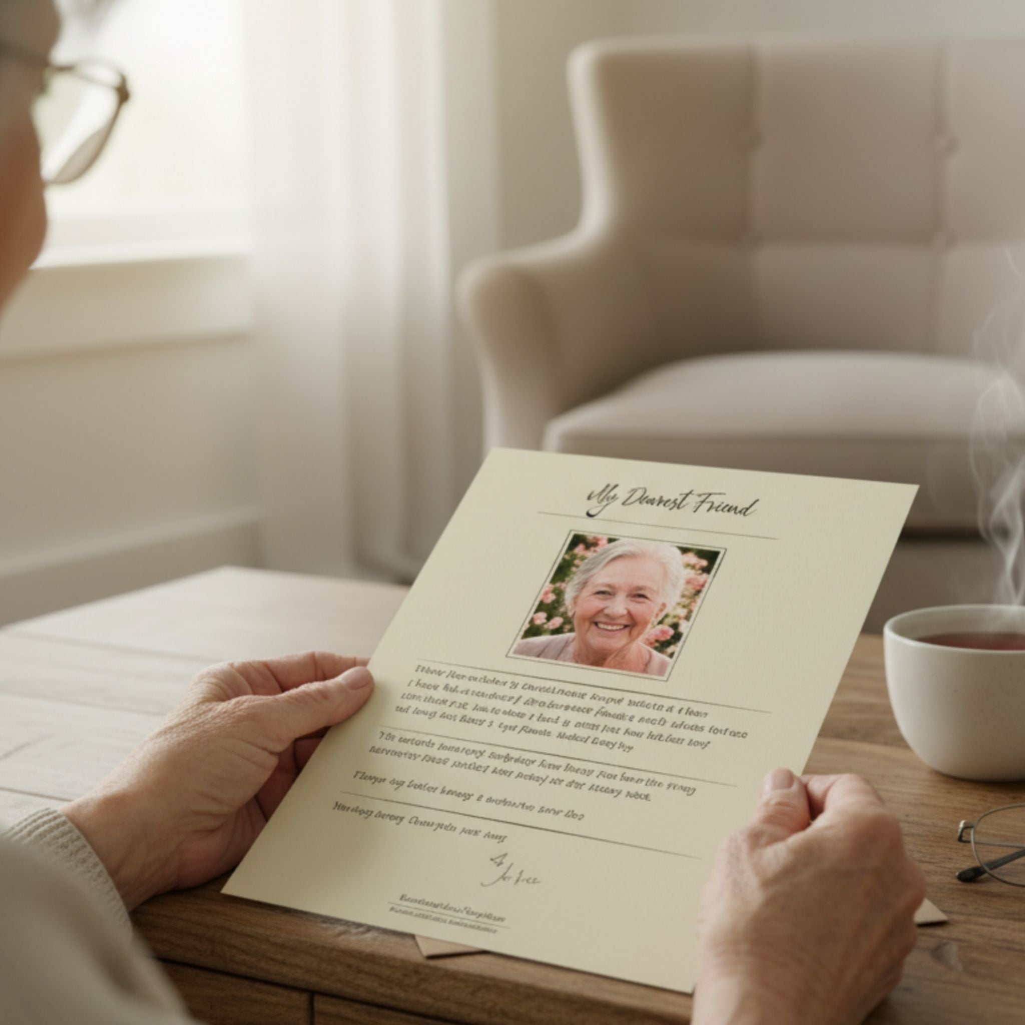 An elderly woman sitting in a sunlit room, smiling softly as she reads the printed biography of this month's featured letter writer.