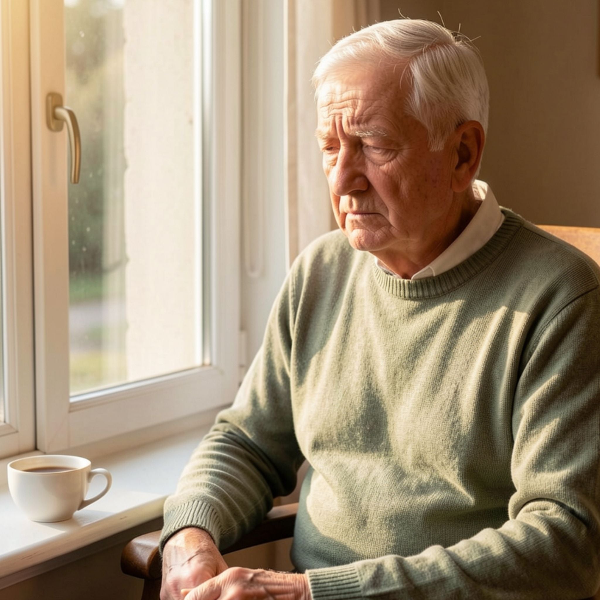 A candid photograph of a solitary man sitting at a dark table, looking down sadly at his hands, representing the modern feeling of isolation and lack of connection.