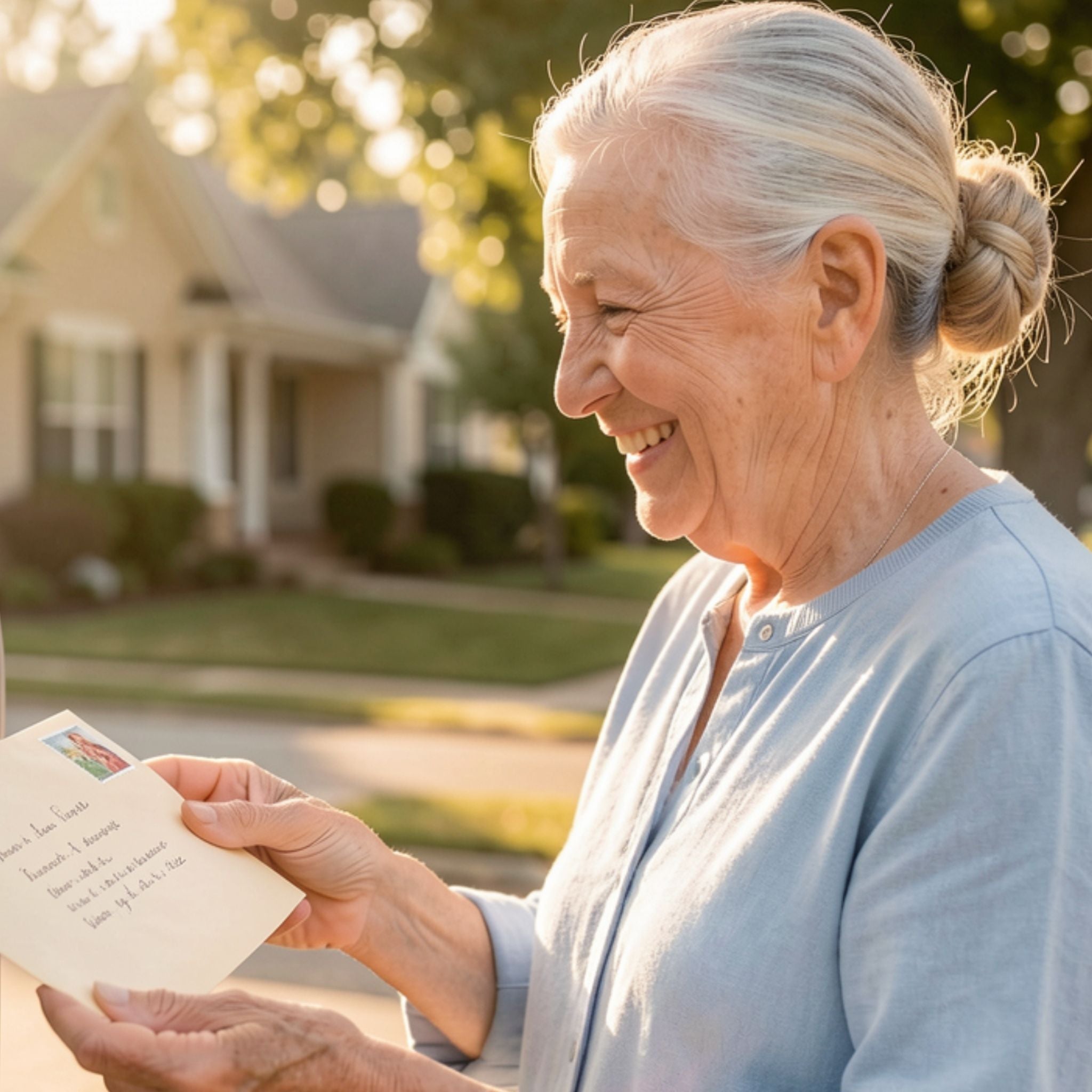 A close-up, candid photograph of a woman with a genuine smile, pulling the distinctive brown Kraft envelope from her suburban mailbox on a sunny day.