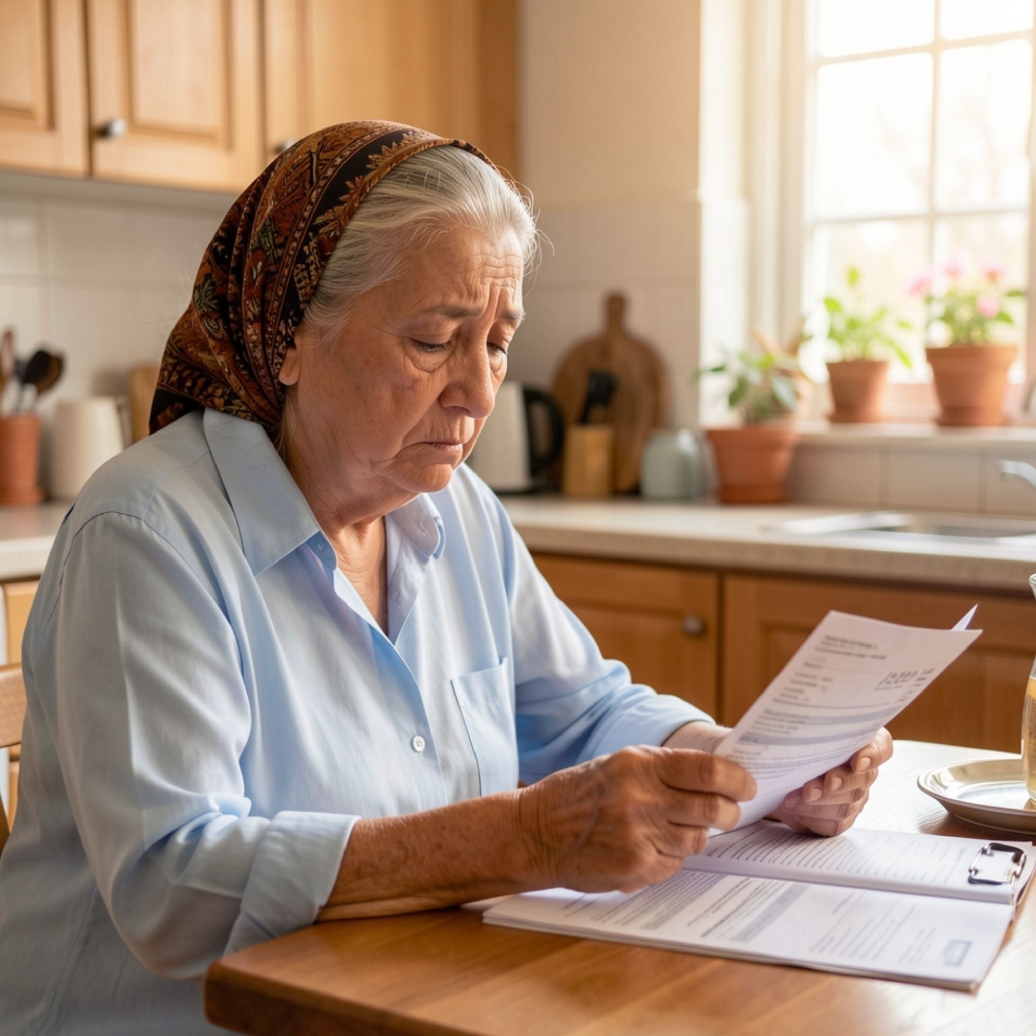 A woman sitting at a kitchen table surrounded by white window envelopes and utility bills, looking tired and overwhelmed by the daily mail.