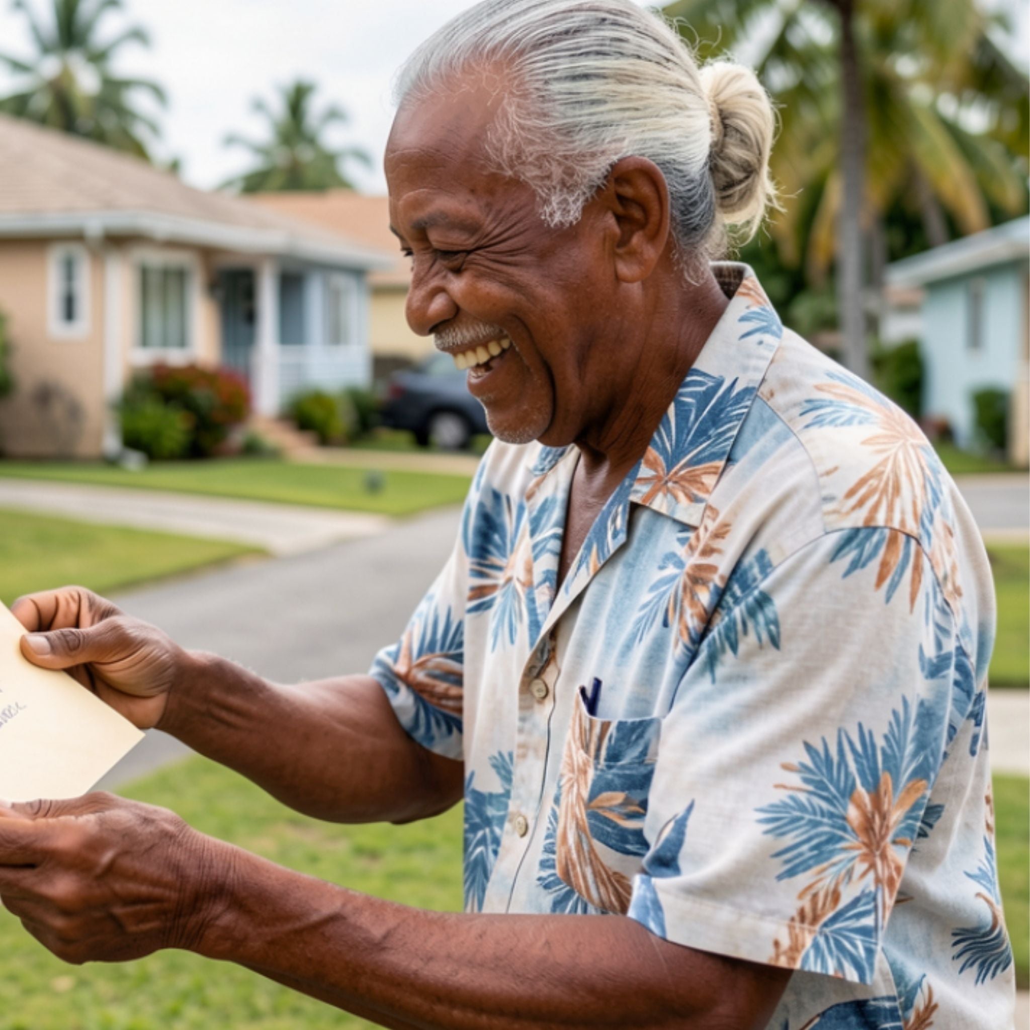 Man in a floral shirt holding a piece of paper outdoors with houses and palm trees in the background