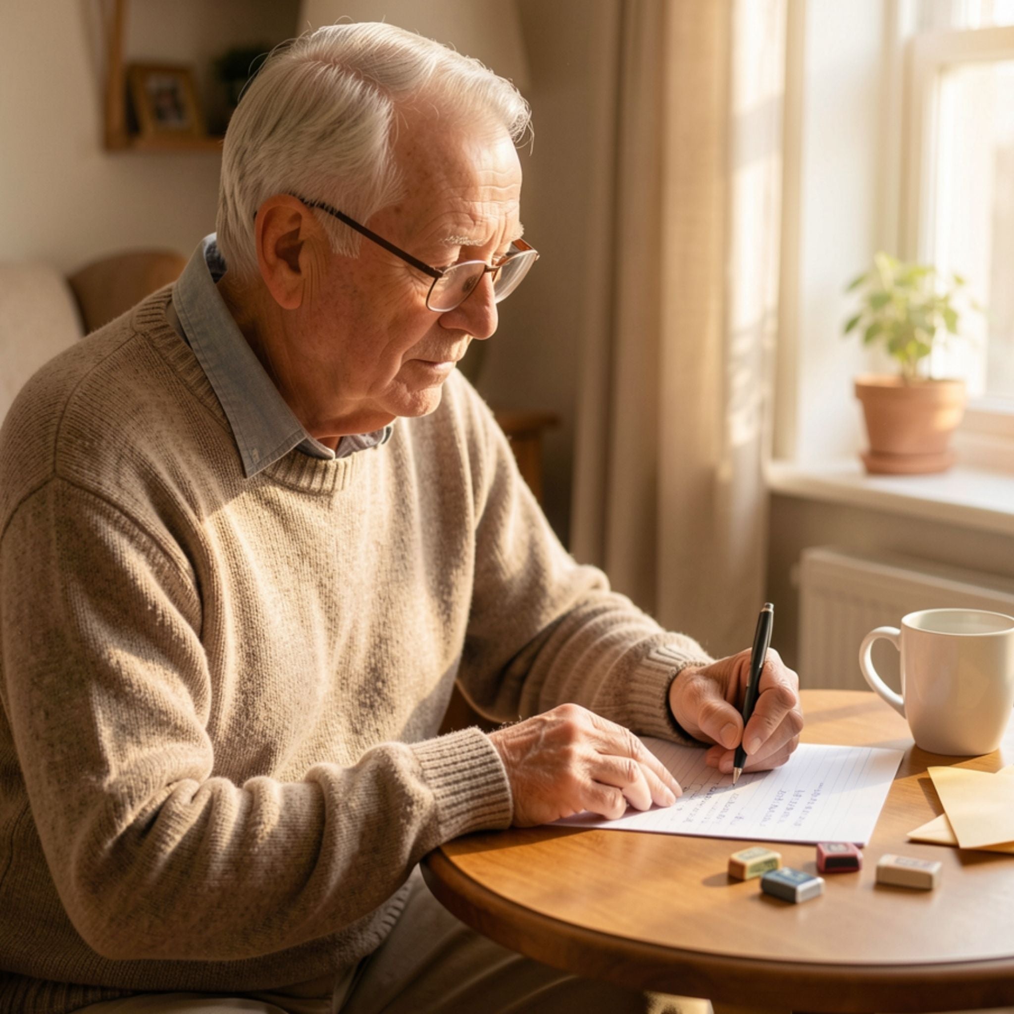A man is sitting at a wooden table, carefully writing in cursive on a sheet of textured ivory paper, showing the process of creating a handwritten subscription letter.
