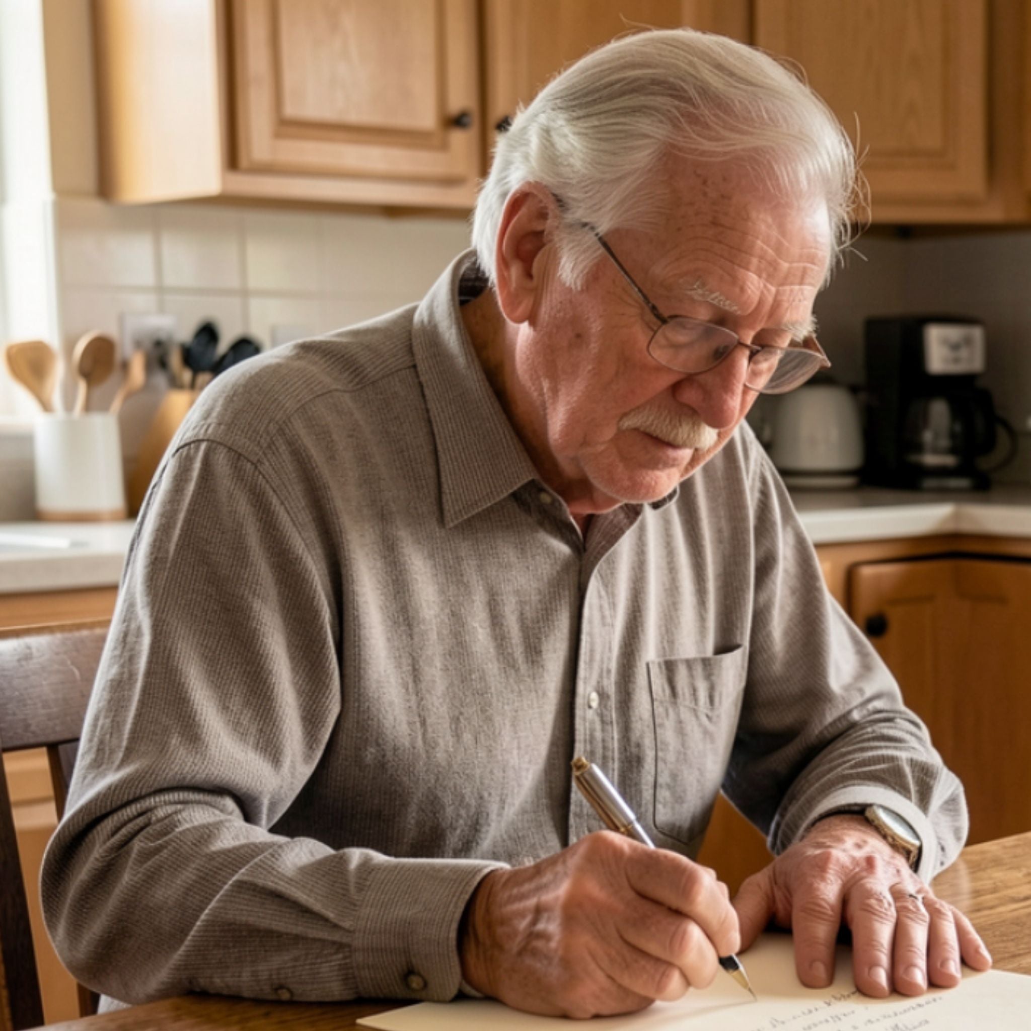 A thoughtful elderly man sitting at a wooden desk with a fountain pen, focused on composing a handwritten letter for the monthly subscription service.