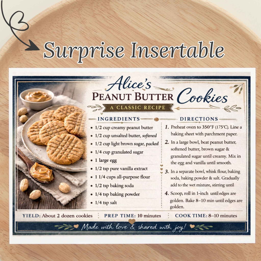 A close-up of a "surprise" cookie recipe card insert