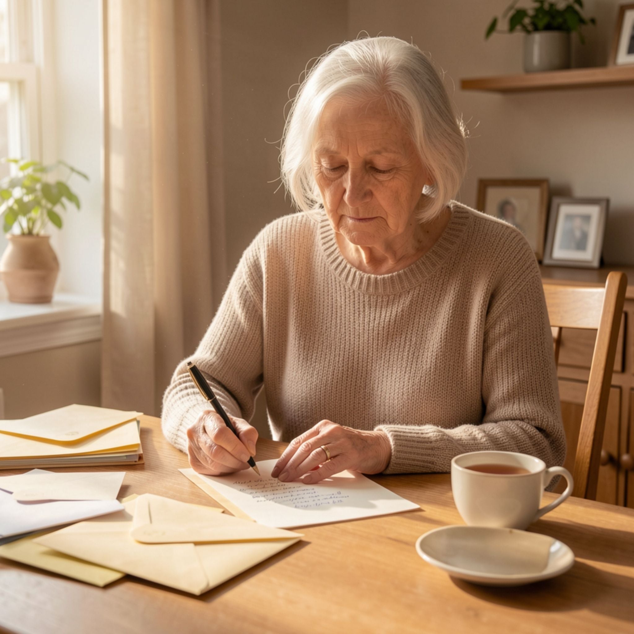 A woman sitting at a sunlit wooden desk, leaning in as she writes a heartfelt letter on 24lb ivory paper with a classic ink pen.